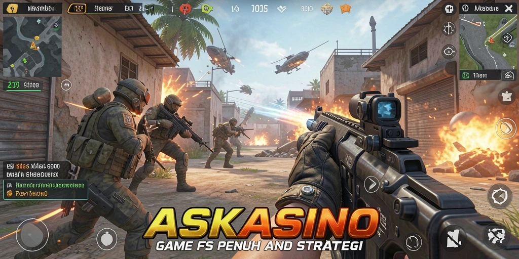 Screenshot utama gameplay ASKASINO menampilkan aksi tembak-menembak yang intens.