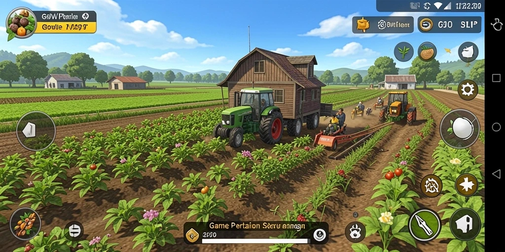 Tangkapan layar gameplay G9VIP yang menunjukkan aktivitas bertani yang seru.