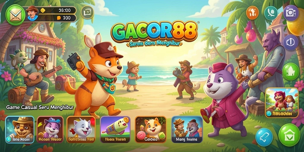 Tampilan gameplay GACOR88 yang ceria dan penuh warna.