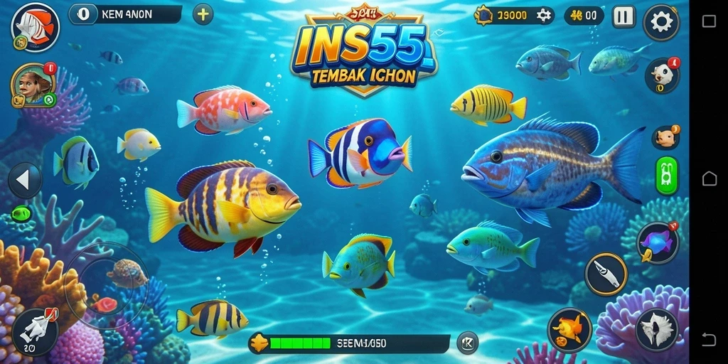 Screenshot gameplay INS55 menampilkan aksi menangkap ikan yang seru.