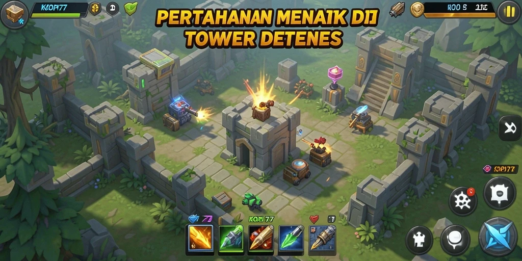 Screenshot gameplay KOPI77 menampilkan pertahanan menara melawan gelombang musuh.