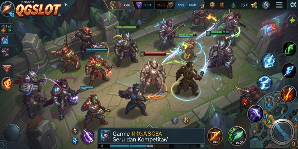 Screenshot QQSLOT menampilkan pertempuran seru antara tim di arena.