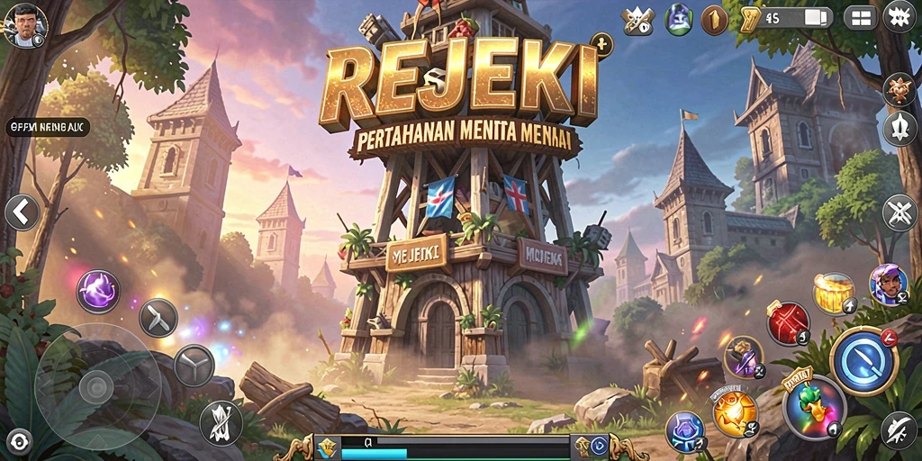 Tampilan gameplay menegangkan di REJEKI dengan menara berperang.