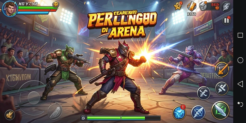 Gameplay X168 menampilkan pertarungan intens dan karakter dinamis.