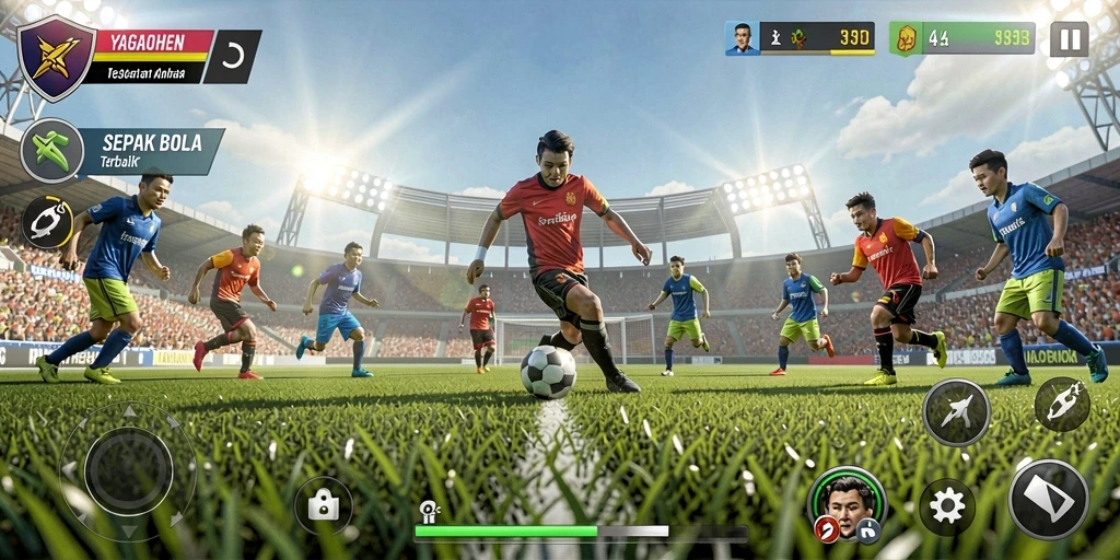 Screenshot gameplay YAGAOHEN menunjukkan aksi sepak bola yang mendebarkan.